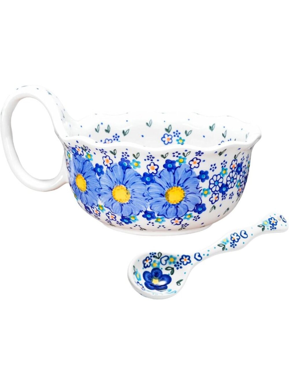 Handmade 30 OZ Ceramic Soup Bowl with Spoon - Floral Design, Perfect Gift